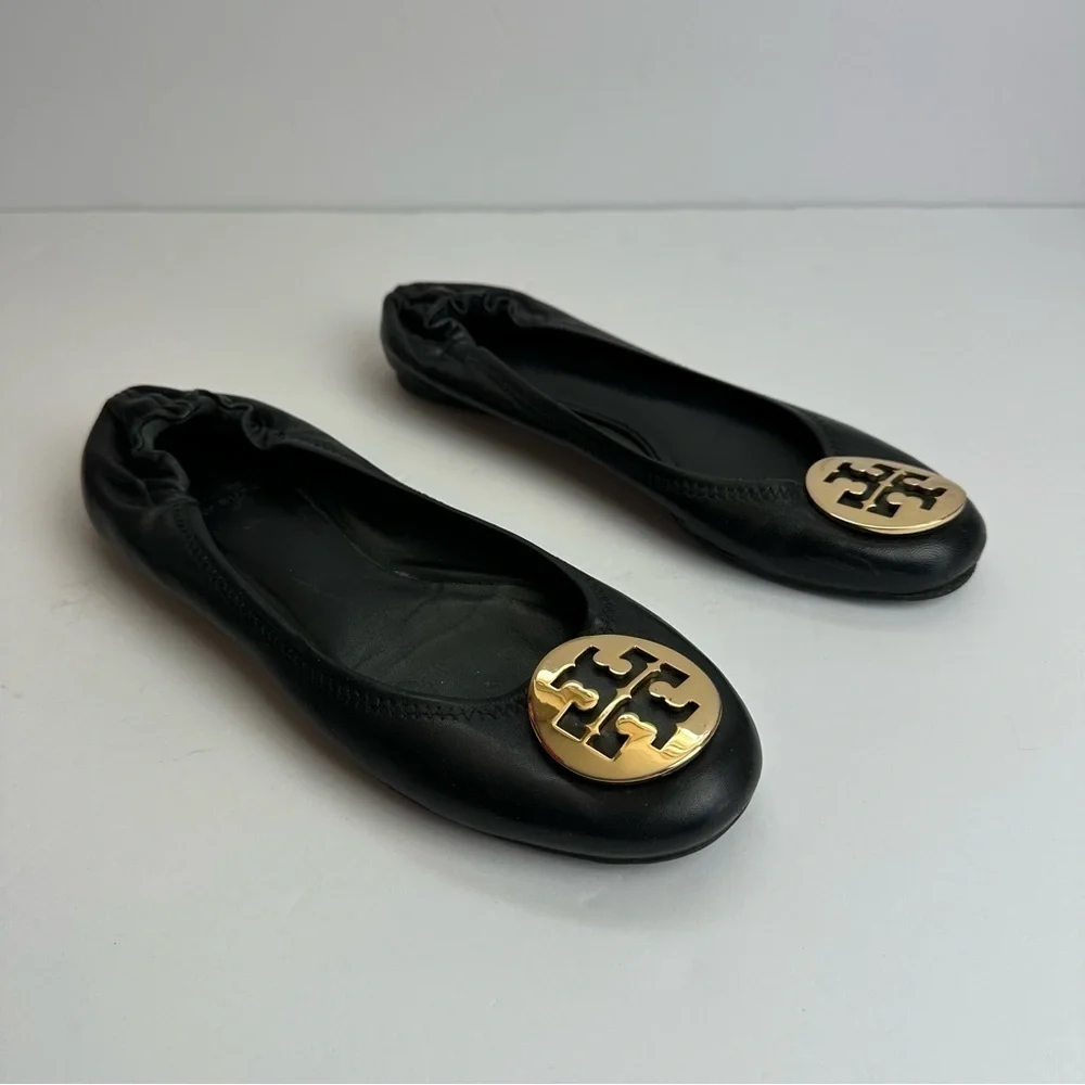 Tory Burch Ballet Flats Black Women's Size 7 Shoes Black Gold Medallion Leather